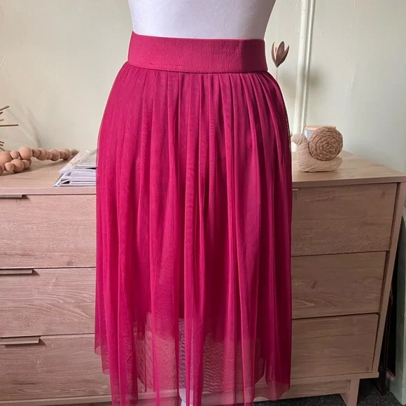 Maroon Red Layered Mesh Pleated Tutu High-Waist Modest Midi Knee-Length Skirt S - Picture 8 of 16